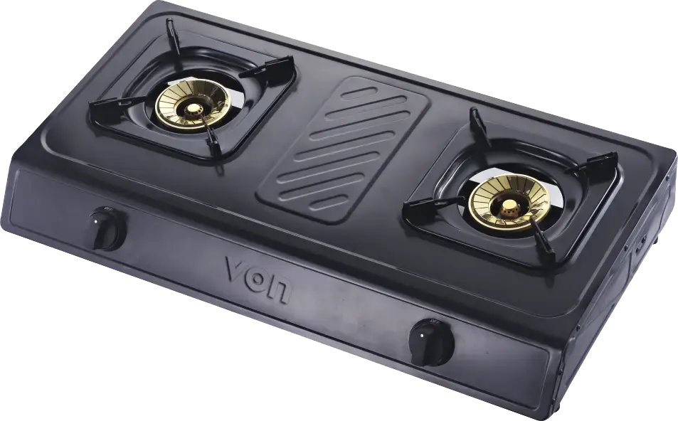 VON VCT2BWGT 2-Burner Table Top Gas Cooker – Brass Spiral Burners, Enamel Pan Support