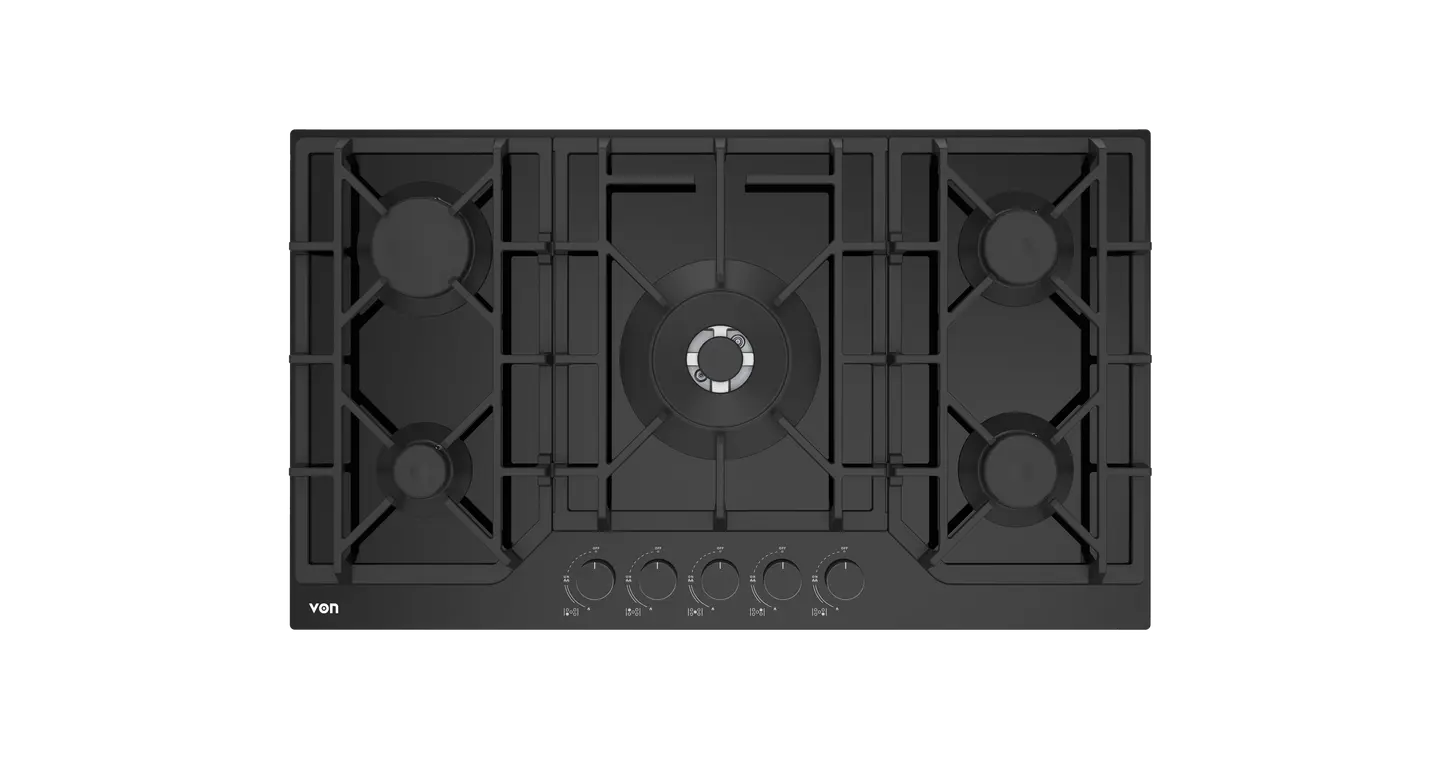 VON VHB86535WFCK Built In Hob, 5 Gas With WOK, 90CM Black Glass