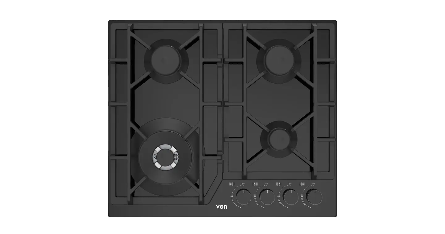 VON VHB58435WFCK Built In Hob, 4 Gas With WOK, 60CM - Black Glass