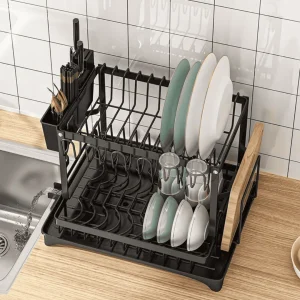 2-Tier Carbon Steel Dish Rack with Chopping Board and Spoon Holder