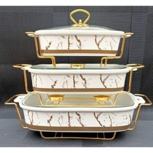 3-Piece Ceramic Chafing Dish Set with Glass Lids