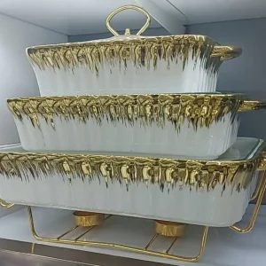 3 Piece WHITE Gold Ceramic Chafing Dish Set 3.5L, 2.5L, 1.8L
