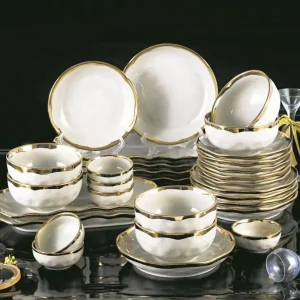 30pcs Ceramic Dinner Set White with Gold Ring
