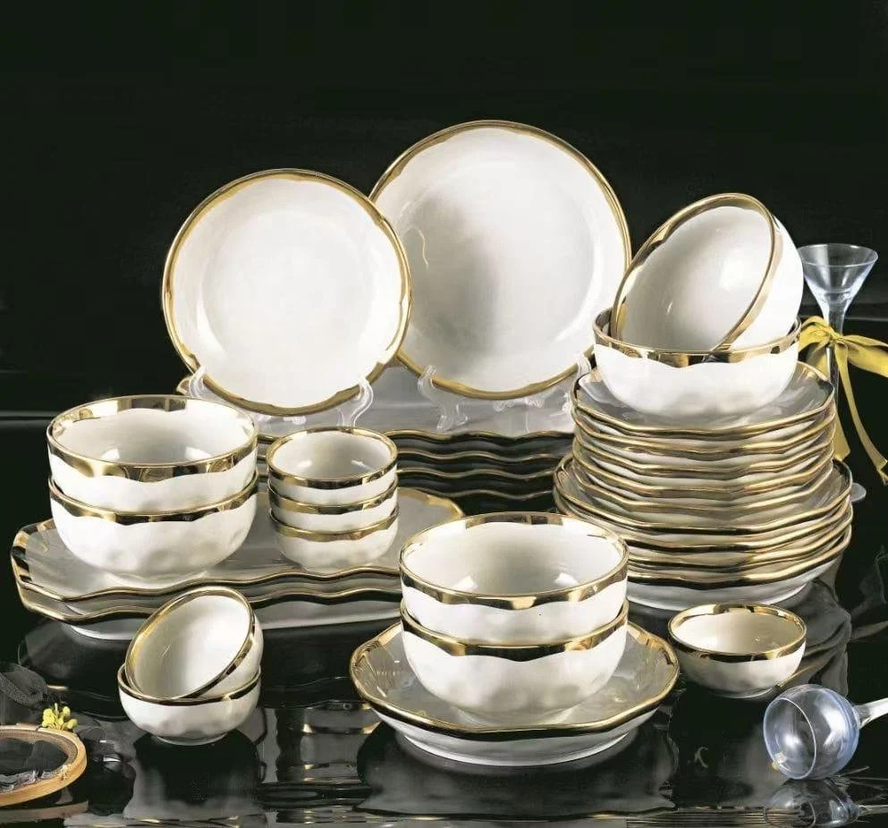 30pcs Ceramic Dinner Set White with Gold Ring