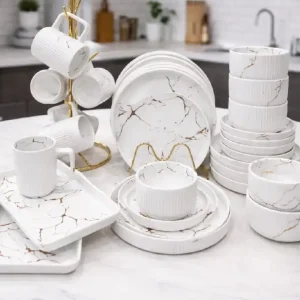 32PCS Dinner Set – Matte European Porcelain dinnerset | 6 Plates , 6 Side Plates, 6 Bowls, 6 Mugs, 6 Saucers, 2 Platters