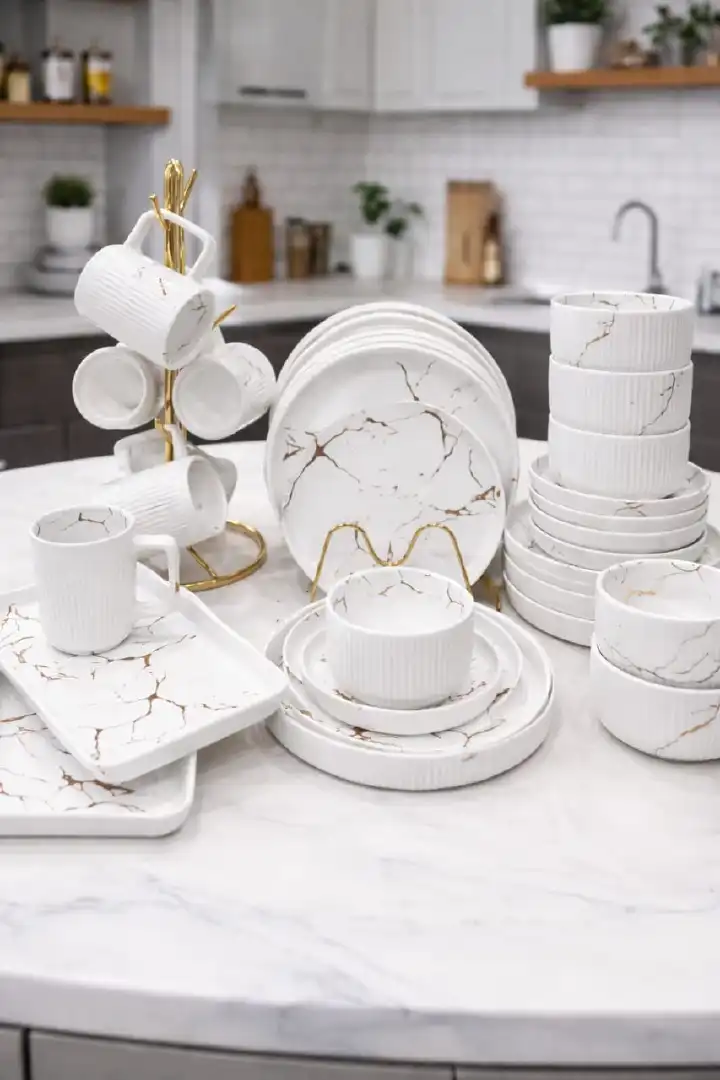 32PCS Dinner Set – Matte European Porcelain dinnerset | 6 Plates , 6 Side Plates, 6 Bowls, 6 Mugs, 6 Saucers, 2 Platters