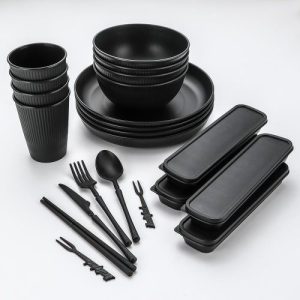40pcs Black Tableware with Vertical Ribbing