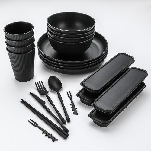 40pcs Black Tableware with Vertical Ribbing