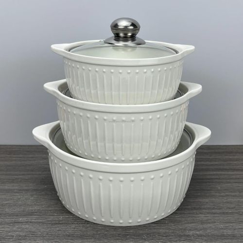 Ceramic 3pc set serving dishes with glass cover 3ltrs 2ltrs 1.5ltrs